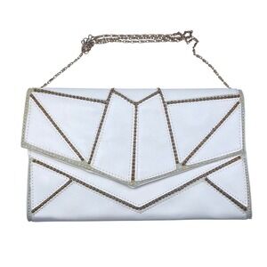 Nila Anthony White Leather‎ Embellished Clutch With Chain Embellished Geometric